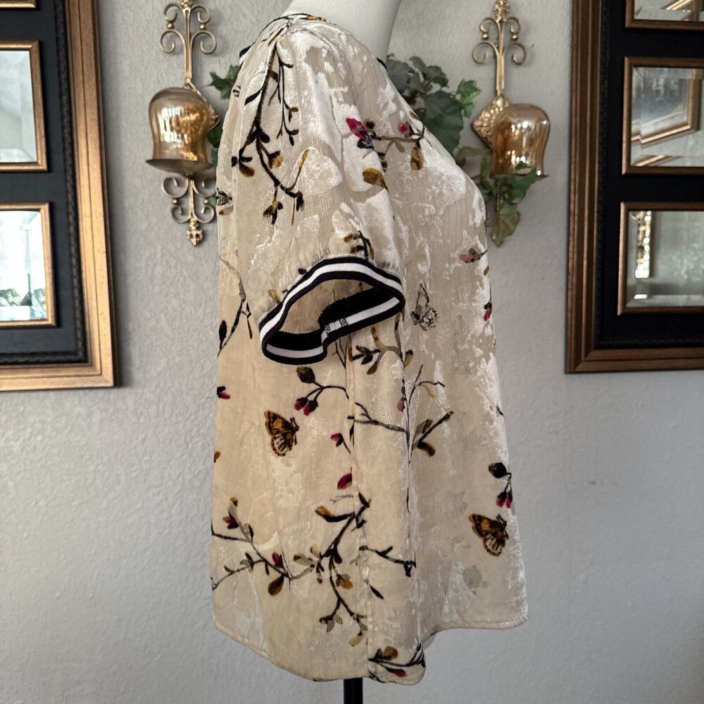 Womens Floral Blouse Short Sleeve Beige Boho Casual Top Lightweight Chic M - Picture 8 of 12